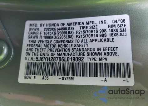 2006 Honda Element Ex-P из США, поврежденный, VIN 5J6YH28706L019092